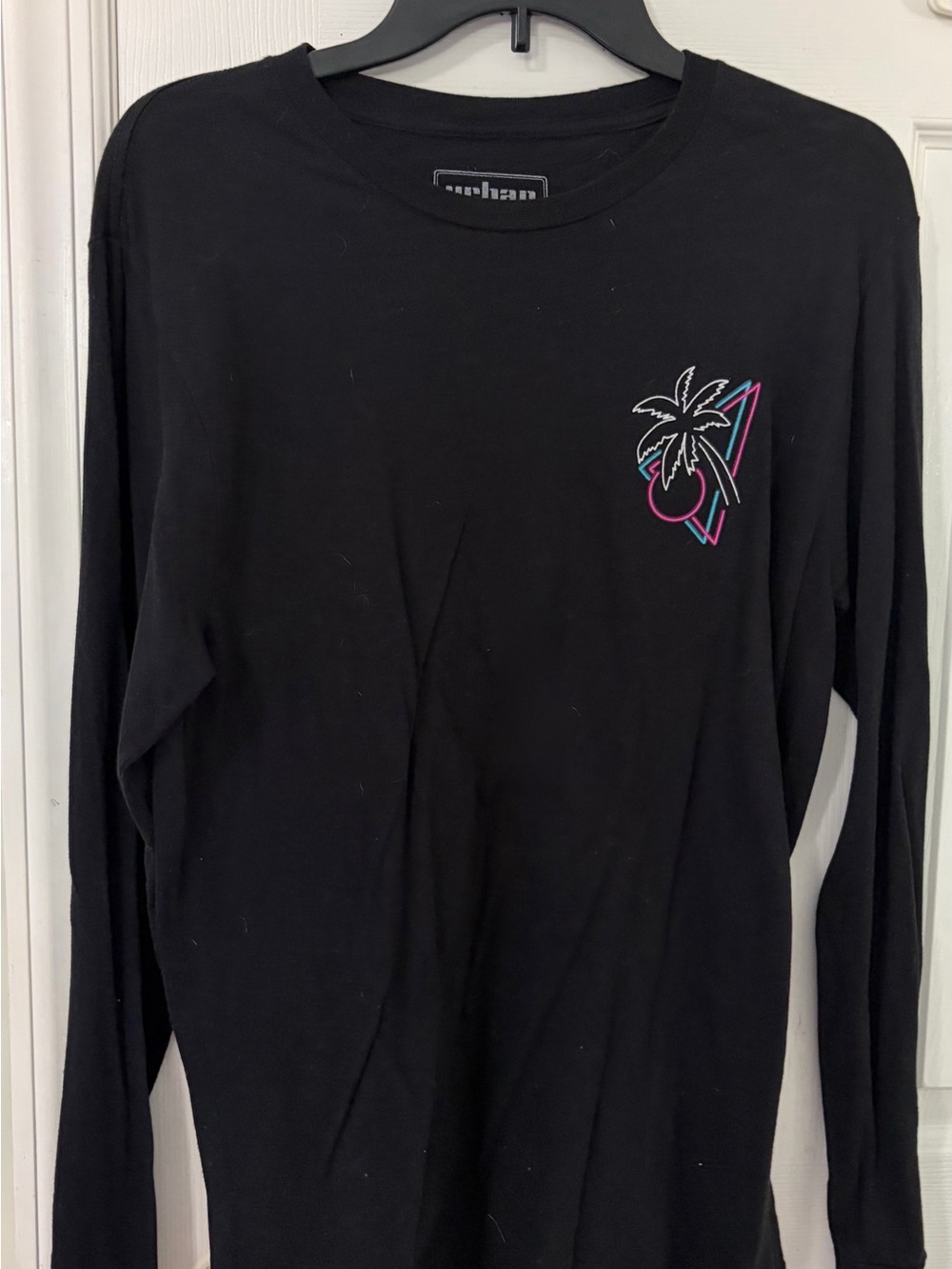 Black Long-Sleeve Tee with Neon Palm Graphic